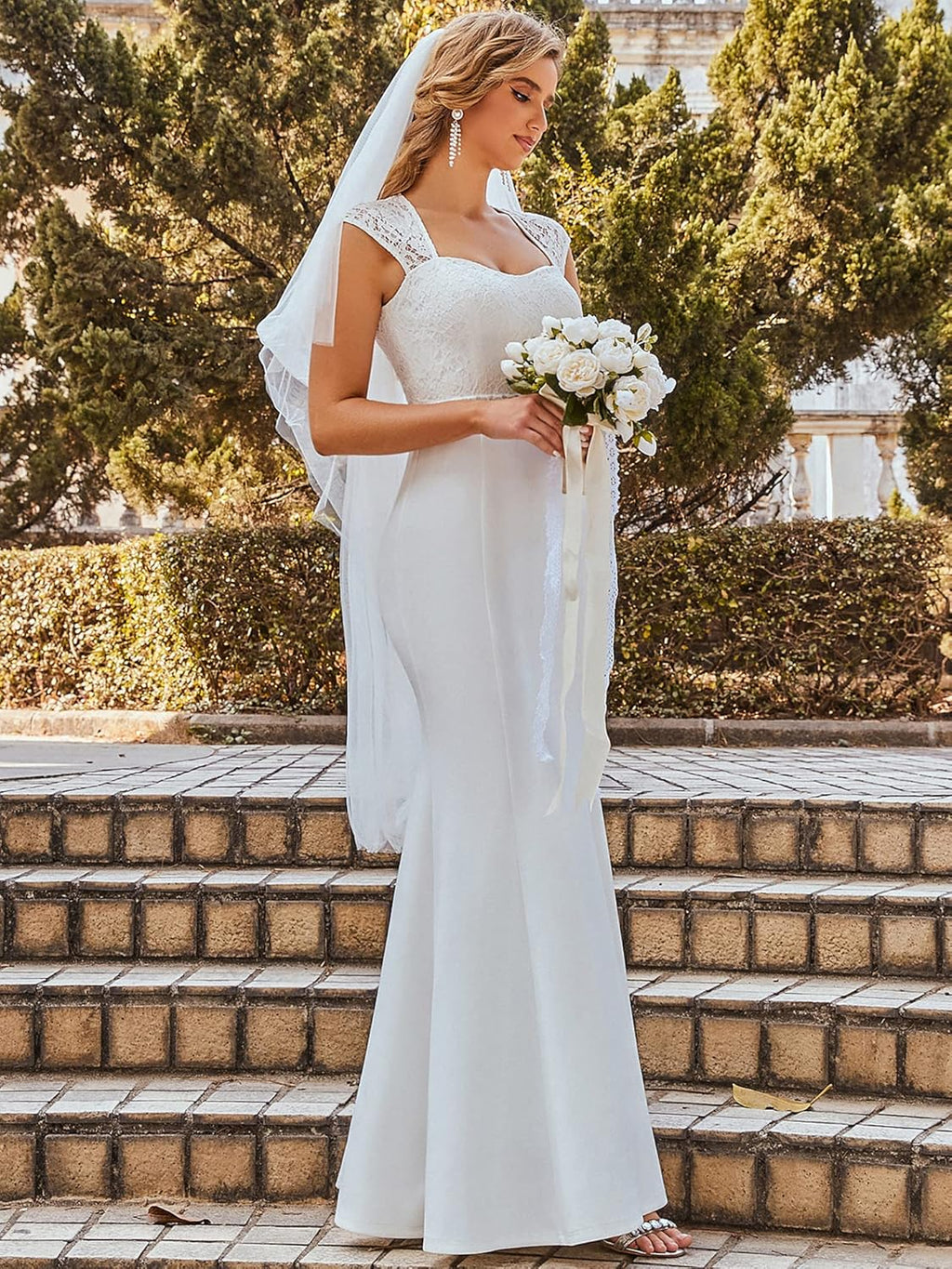 Women'S Elegant Lace Cap Sleeve V Neck Beading Mermaid Wedding Dresses for Bride 00218