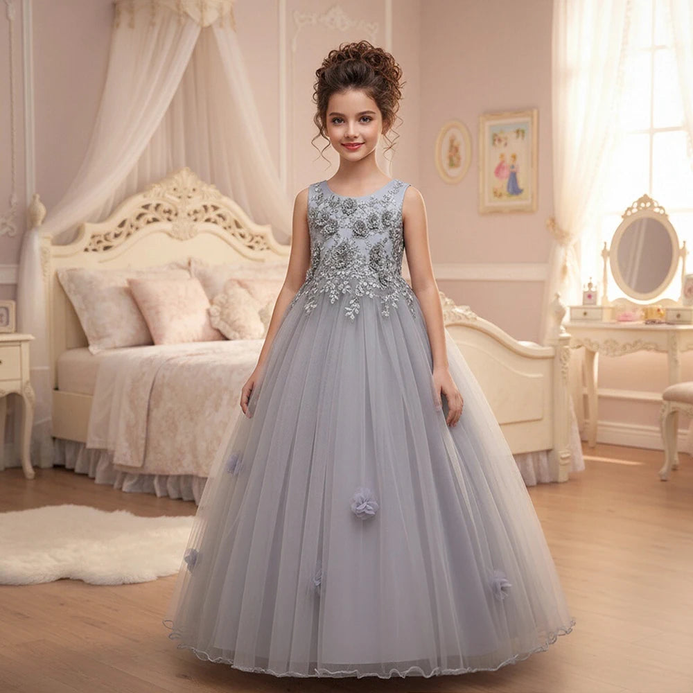 Formal Gray Long Bridesmaid Dress Kids Dresses for Girls Children Elegant Party Wedding Dress Girl Evening Gowns10 12 Years