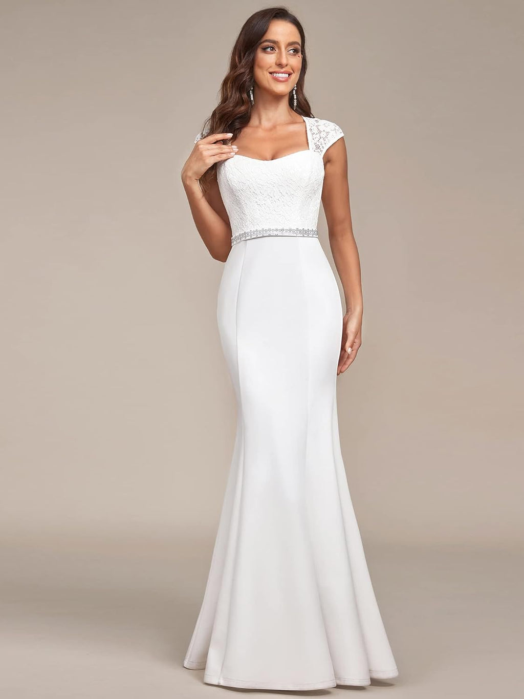 Women'S Elegant Lace Cap Sleeve V Neck Beading Mermaid Wedding Dresses for Bride 00218