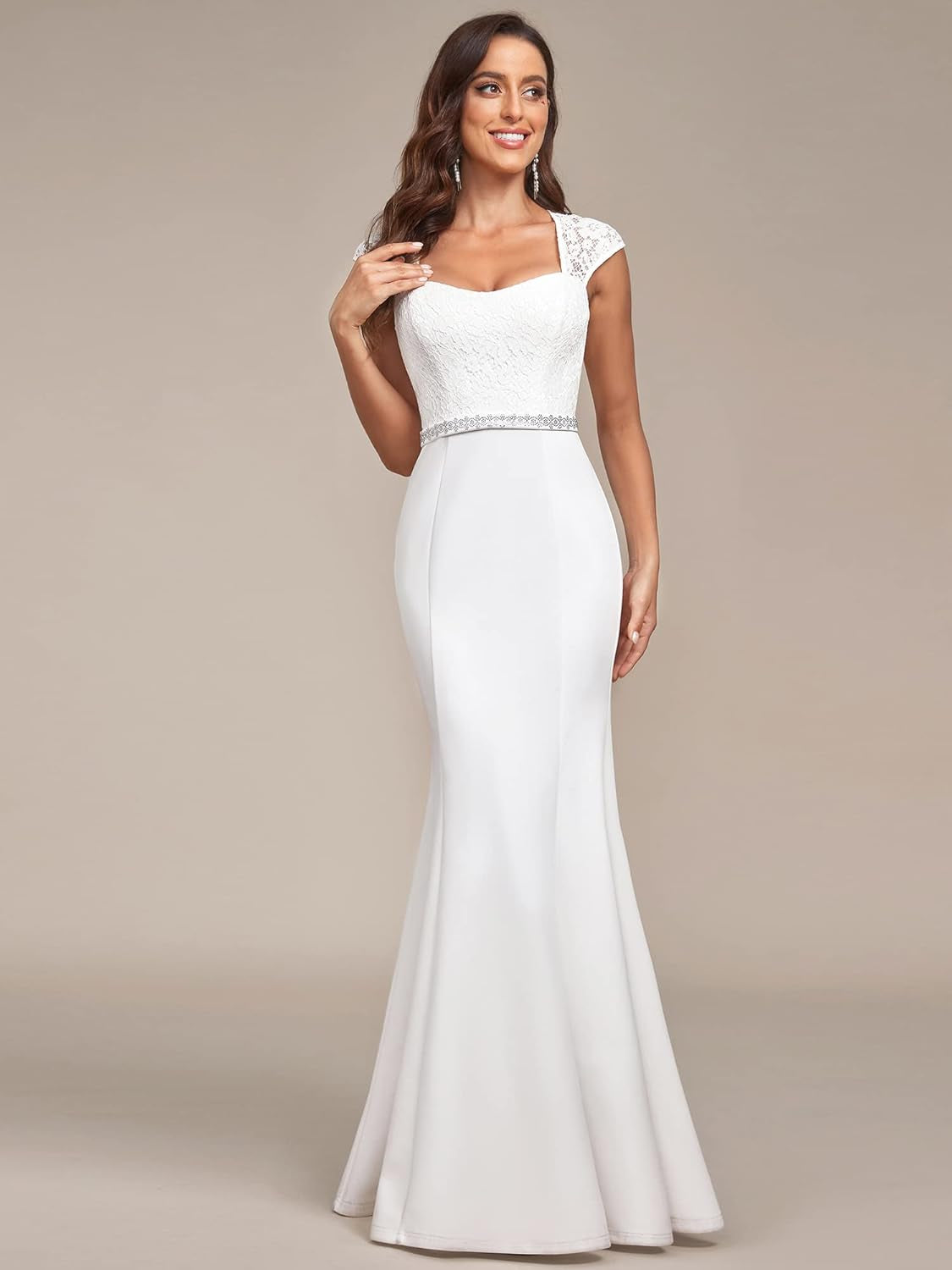 Women'S Elegant Lace Cap Sleeve V Neck Beading Mermaid Wedding Dresses for Bride 00218