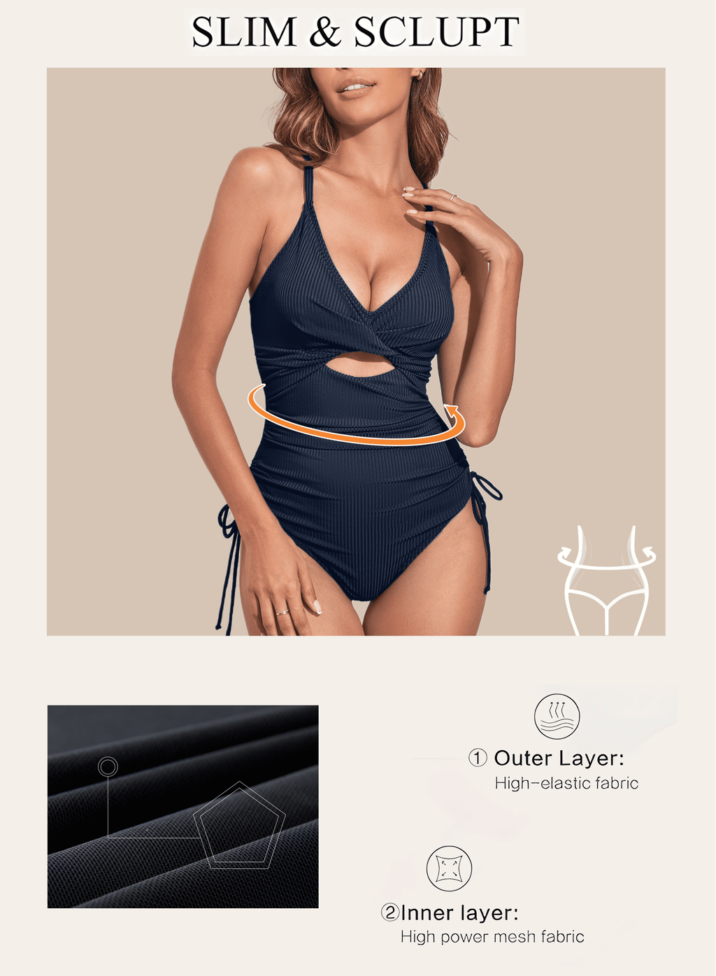 Women One-Piece Swimsuit Ribbed Tummy Control High Cut One Piece Bathing Suit Sexy V Neck Criss Cross Monikini Drawstring Bathing Suits Swim Suits