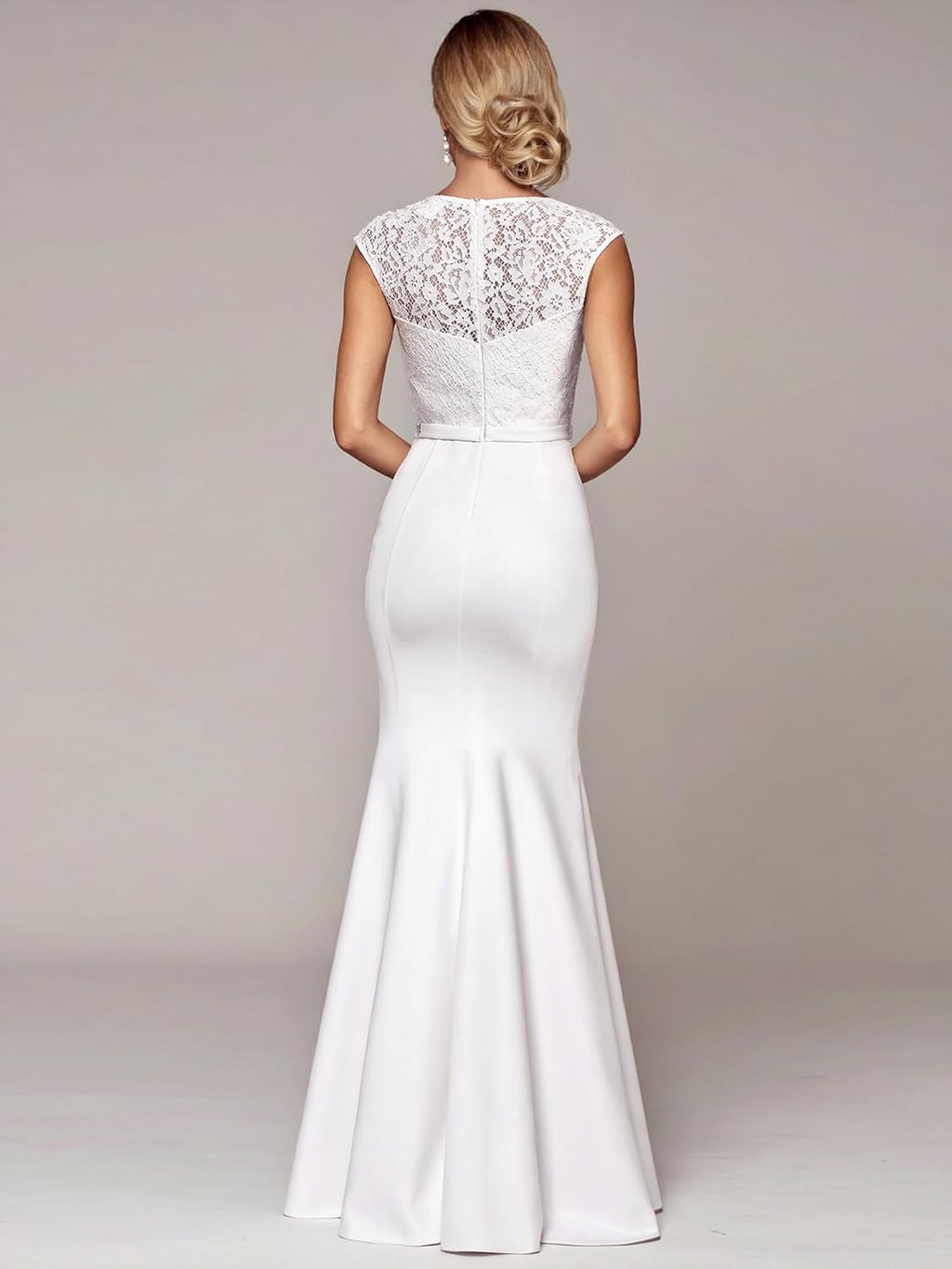 Women'S Elegant Lace Cap Sleeve V Neck Beading Mermaid Wedding Dresses for Bride 00218