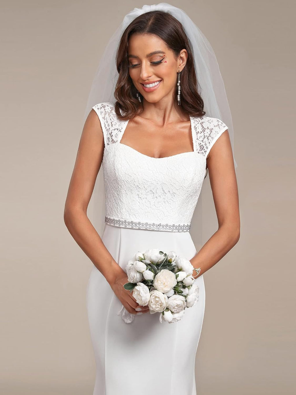 Women'S Elegant Lace Cap Sleeve V Neck Beading Mermaid Wedding Dresses for Bride 00218